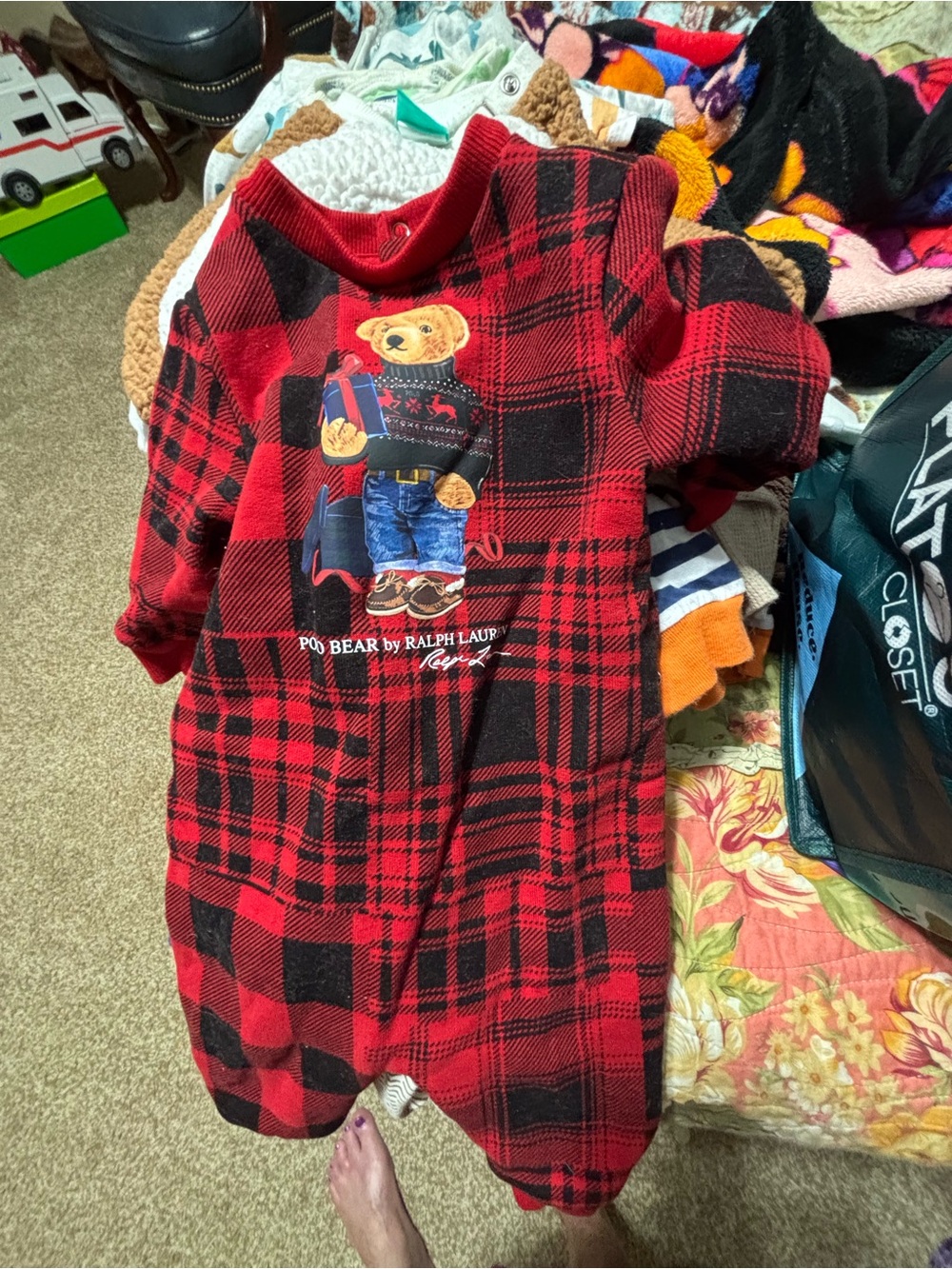 Ralph Lauren Red & Black Plaid Bear Infant Romper